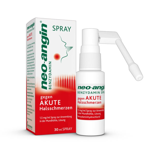 NEO-ANGIN Benzydamin Spray gegen akute Halsschmer.